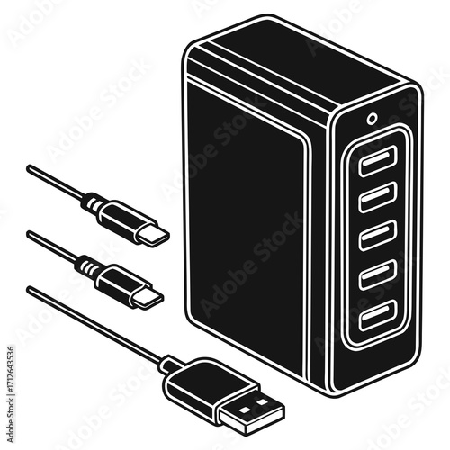 Illustration of a multiport usb charger with cables, , for charging multiple devices