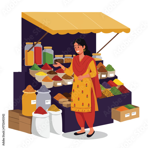Cheerful Indian woman in traditional kurta and salwar, a flat 2D vector illustration, happily browses vibrant colorful spices at an outdoor market stall.