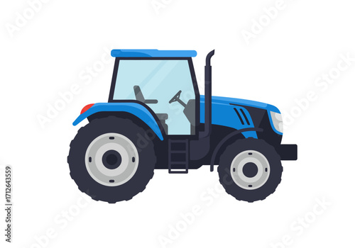 A blue tractor with large wheels and a cab on a white background