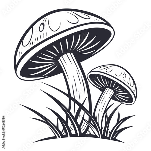 Vector art of a charming mushroom illustration featuring two fungi amidst grass, rendered in a classic line art style