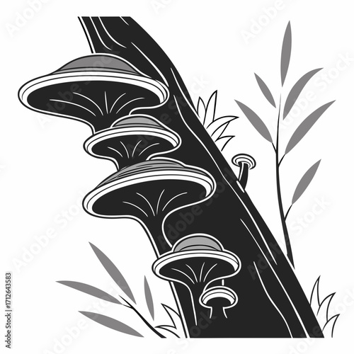 Illustration of tree fungus growing on a tree trunk in black and white style
