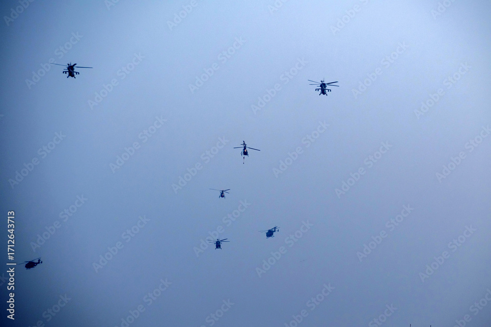 Obraz premium A group of helicopter in mid-air attack enemy
