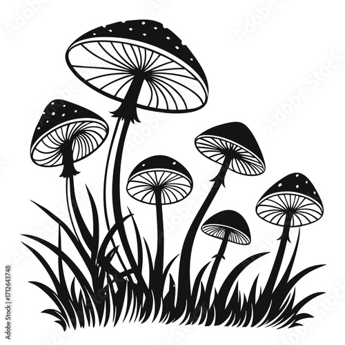 Vector art of hand drawn mushroom with grass vector illustration of a group of toadstools