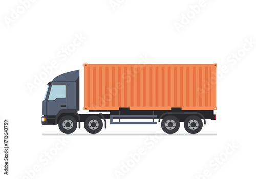 A dark blue truck with an orange shipping container