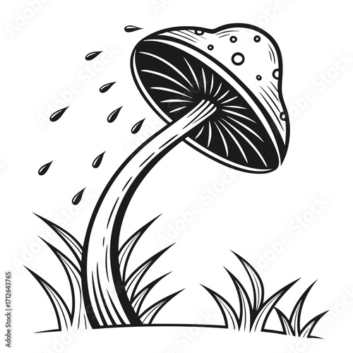 Vector art of hand drawn mushroom with grass vector illustration of a toadstool in nature