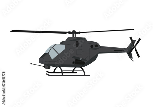 A dark gray military helicopter with rotors skids and missile pods