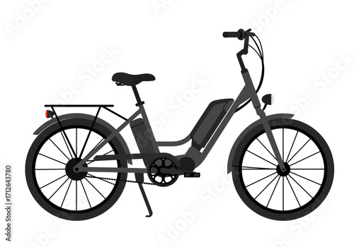 A dark gray electric bicycle with a battery rack and fenders