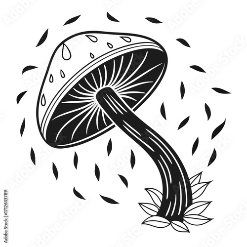 Vector art of hand drawn mushroom with leaves vector illustration of a toadstool in nature