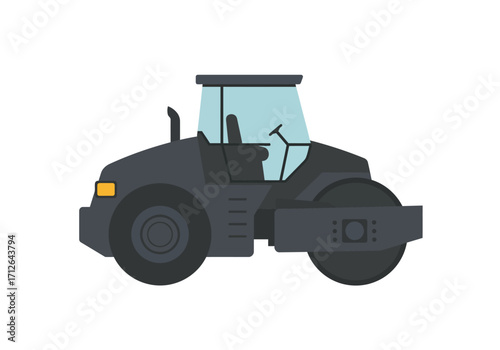 A dark grey steamroller with a light blue cab and yellow headlight