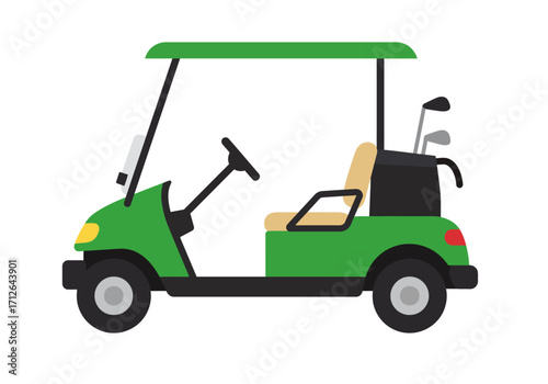 A green golf cart with golf clubs and a tan seat