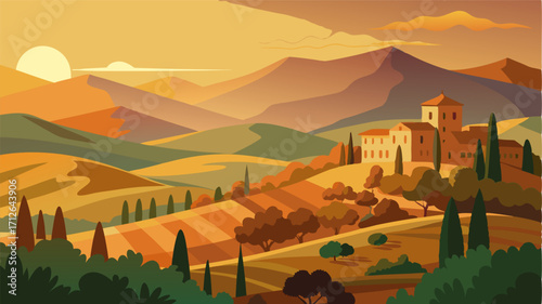 As the sun rises the Mediterranean hills are bathed in a soft orange light lending a magical quality to the rustic charm of the olive groves.