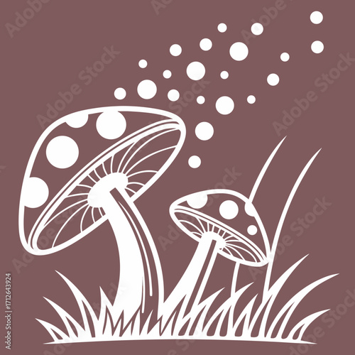 Vector art of two white mushrooms with white dots and grass, a simple illustration