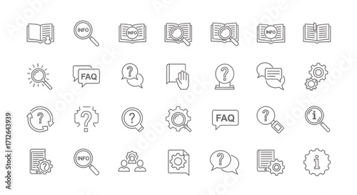 Information Icons Set  FAQ Help Support Knowledge Base Search Book and Question Mark Symbols