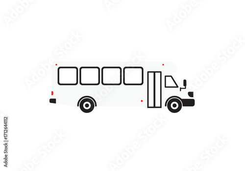 A side view illustration of a white bus with black window outlines and wheels
