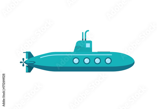 A side view of a blue submarine with a propeller and four round windows