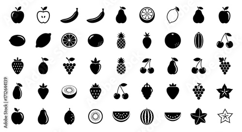 Fruit Icons Set  Apple Banana Pear Orange Kiwi Pineapple Cherry Strawberry Grape Melon Vector Illustration