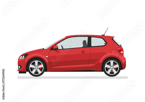 A side view of a red twodoor hatchback car