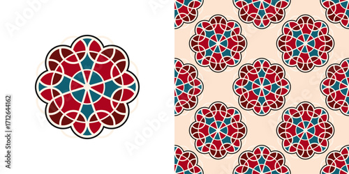 vivid geometric pattern showcases ornamental shapes in red, blue, and cream. The design is symmetrical, reflecting traditional Islamic aesthetics and art styles. Seamless pattern