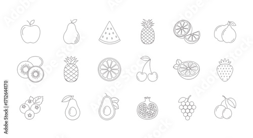 Fruit Icons Set  Apple Pear Pineapple Orange Kiwi and Other Fresh Fruits Line Art Vector Illustration