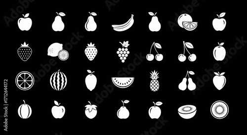 Fruit Icons Set  Apple Pear Banana Strawberry Lemon Watermelon Pineapple and Other Fruits Vector Illustration