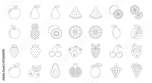 Fruit Icons Set  Apple Pear Watermelon Kiwi Strawberry Cherry Grape and Other Fruits Line Art