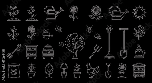 Gardening Icons Set  Sunflowers Tools Plants Chicken Coop and Beehive Line Art Vector Illustration