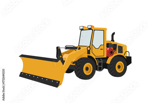 A yellow frontend loader with a snowplow attachment