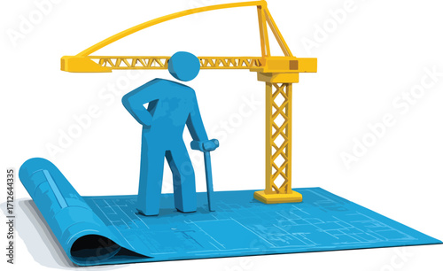 A senior figure with a cane stands on a blueprint, symbolizing the careful planning and construction of future projects, reflecting wisdom, experience, and strategic development