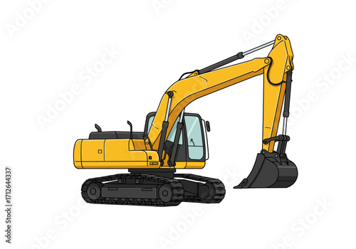 A yellow excavator with black tracks and bucket on a white background