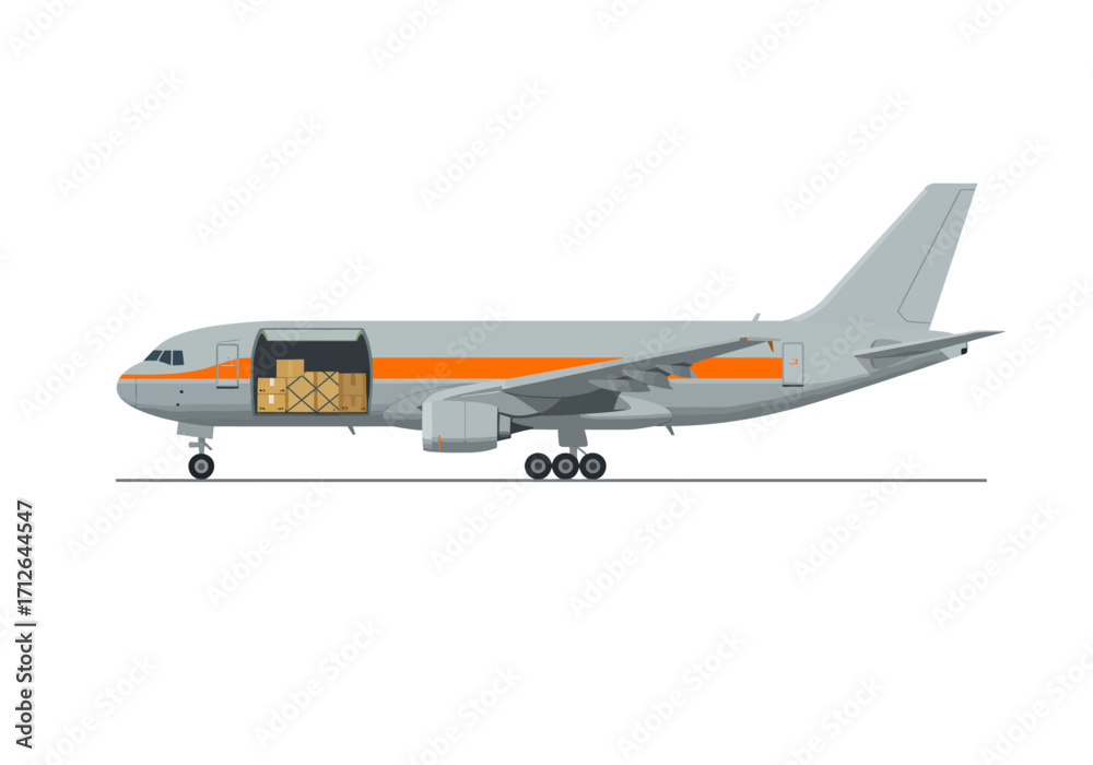 Fototapeta premium Cargo airplane with open bay loaded with boxes on a runway