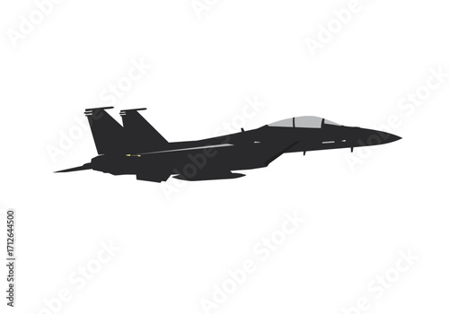 Black fighter jet with twin tails on a white background