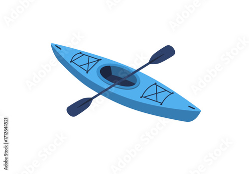Blue kayak with paddle floating on white background