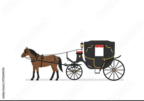 Brown horse pulling a black carriage with yellow trim