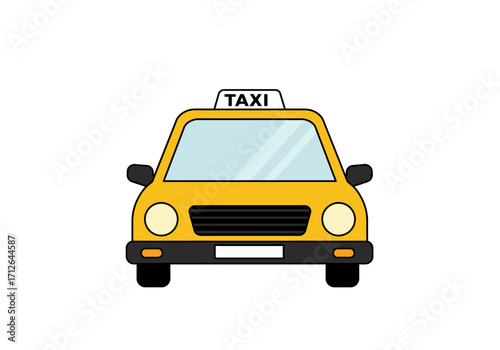 Front view of a yellow cartoon taxi with a TAXI sign