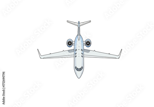 Topdown view of a cartoon jet airplane with twin engines