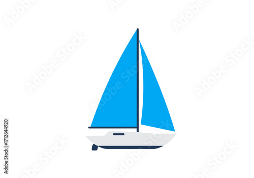 White sailboat with blue sails on a white background