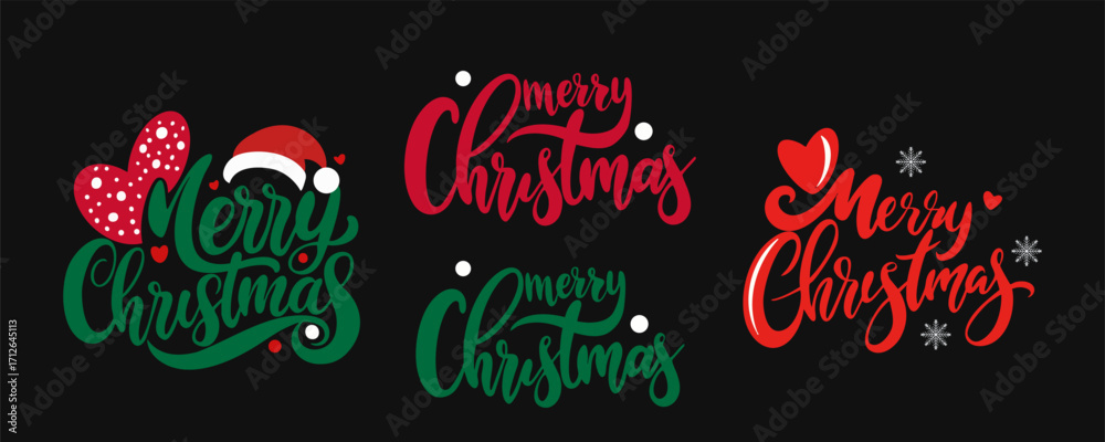 Naklejka premium Vector Christmas lettering clipart: “Merry Christmas” in calligraphy with Santa hat, snowflakes and hearts. Transparent background; preview uses dark backdrop for visibility