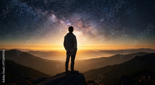 Man Silhouetted Against Milky Way and Sunrise Over Mountains.