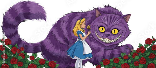 Fantasy illustration of a girl in blue dress holding flower, standing near giant grinning purple Cheshire cat with red roses.