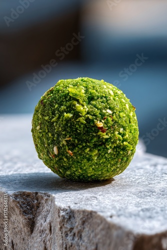 green wasabi ball on a clean, light-colored stone surface. The focus is sharp, highlighting the subtle texture