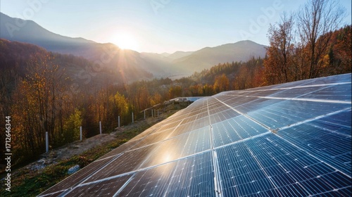 Expansive solar panel facility in a valley surrounded by mountains, warm golden sunlight, serene atmosphere,