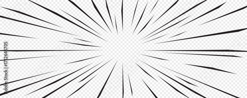 Comic speed effect with sharp black radial lines on transparent background. Speed effect background in anime manga vector style for posters, stickers, covers, and graphic designs
