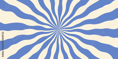 Psychedelic background with blue and cream wavy rays, swirling abstract pattern. Retro groovy vector illustration, perfect for posters, covers, or digital artwork.