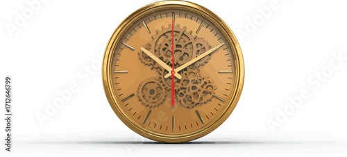 Golden Clock Showing Internal Gears and Mechanisms on White Background - Time Concept
