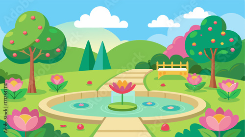 A lovely garden with rows of blooming flowers and a small pond serving as a peaceful backdrop to the energetic play happening on the playground.