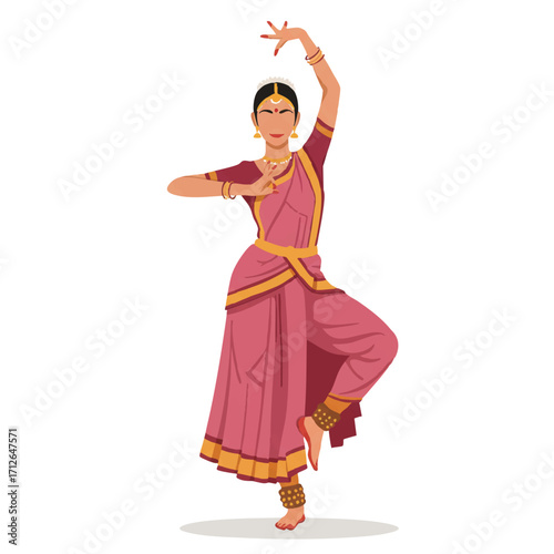 A vibrant 2D flat vector illustration showcases a dynamic woman in a flowing lehenga choli, performing a graceful Indian classical dance pose with an elegant hand mudra.