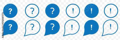 Set of question mark and exclamation mark icons. FAQ signs, help. Help speech bubble sign, vector.