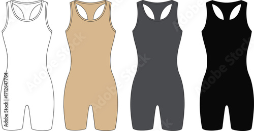 Women's bodysuit vector mockup, sleeveless one-piece activewear template, blank customizable design in four colors, suitable for sportswear and workout clothing apparel.