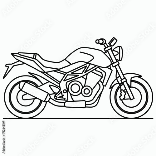 Black line art illustration of a modern motorcycle side view motorbike bike
