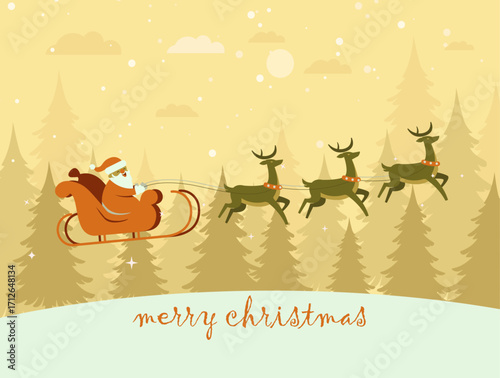 Festive Christmas background with Santa and reindeer sleigh